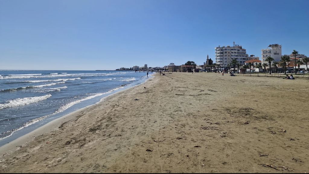 Sandy beach with gentle waves and the palm-lined seafront of Larnaca in the background