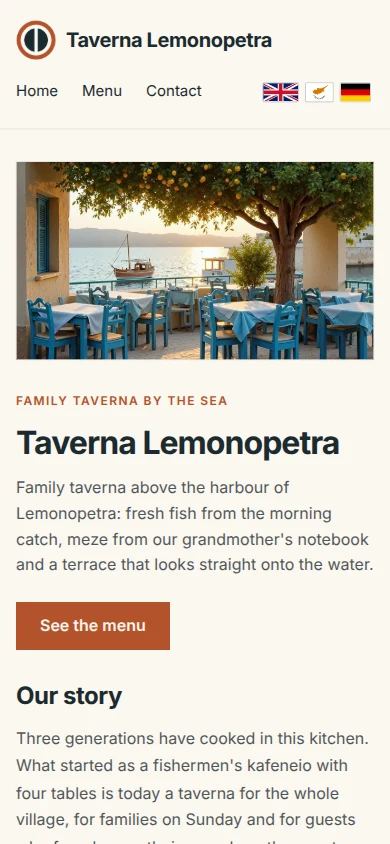 Start page of the demo restaurant Taverna Lemonopetra on a phone