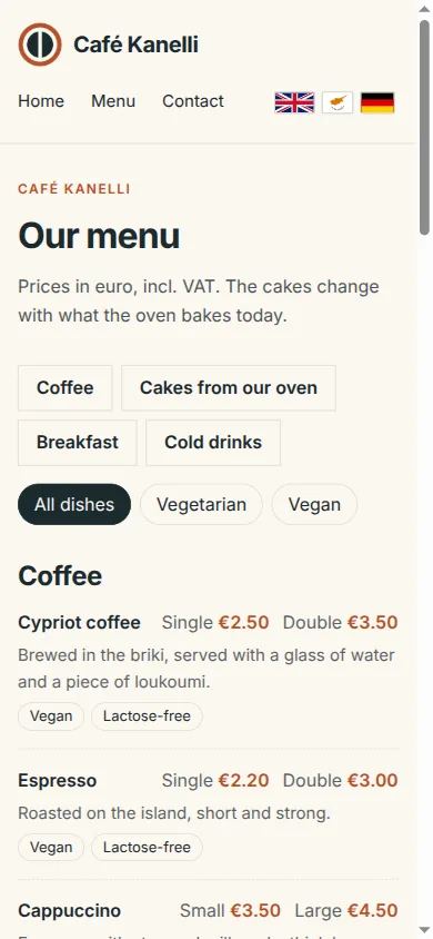 Menu of the demo café Café Kanelli on a phone