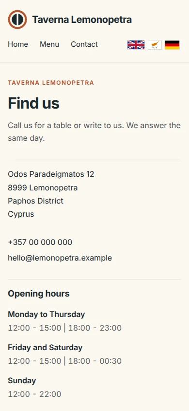 Contact page with opening hours of the demo restaurant Taverna Lemonopetra on a phone