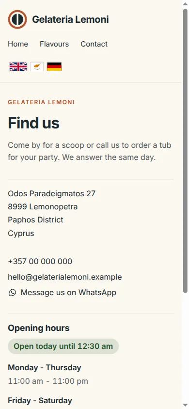 Contact page with opening hours of the demo ice cream shop Gelateria Lemoni on a phone