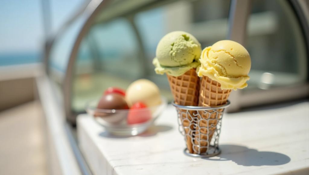 Two waffle cones with pistachio and lemon ice cream and a bowl of three scoops on the marble counter of an ice cream shop by the sea