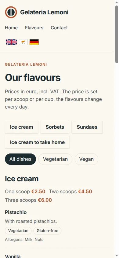 Flavours and prices of the demo ice cream shop Gelateria Lemoni on a phone