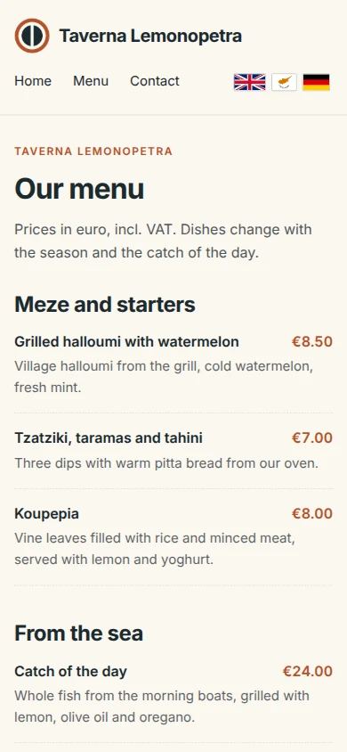 Menu of the demo restaurant Taverna Lemonopetra on a phone
