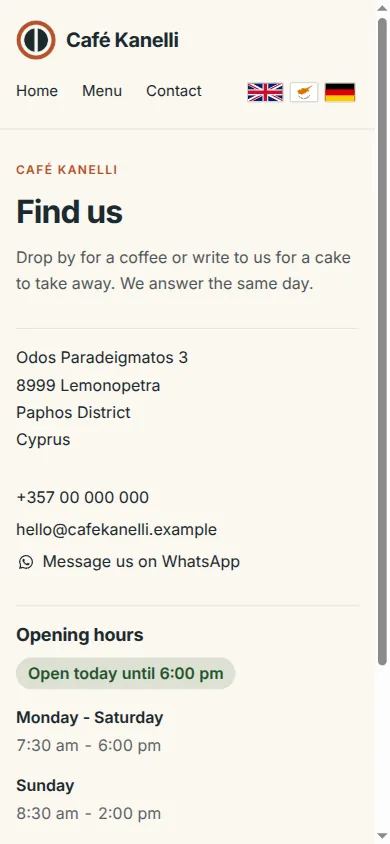 Contact page with opening hours of the demo café Café Kanelli on a phone