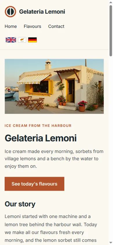 Start page of the demo ice cream shop Gelateria Lemoni on a phone