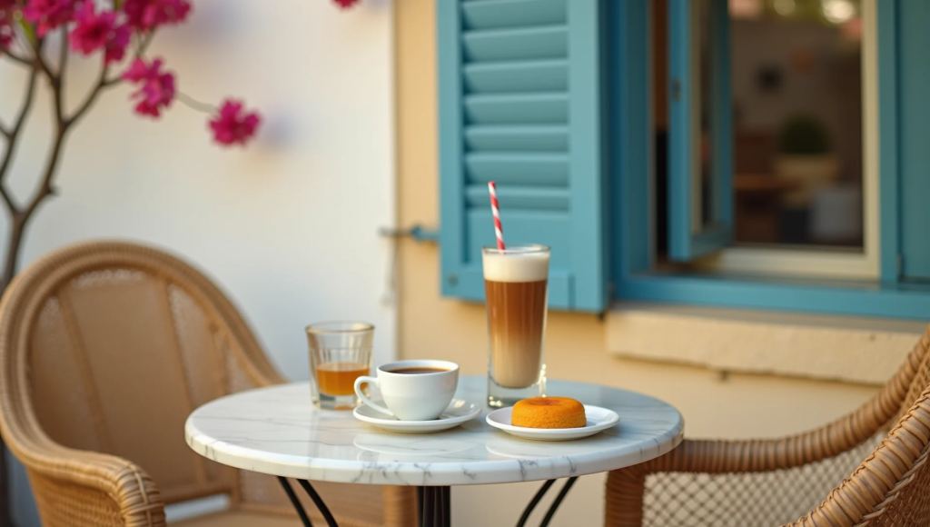 Iced frappé, a cup of Cypriot coffee and a slice of orange cake on a marble table on a café terrace with blue shutters and bougainvillea