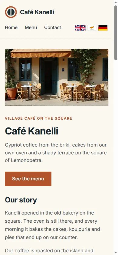 Start page of the demo café Café Kanelli on a phone